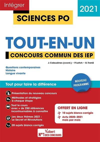 Tout-en-un, concours commun des IEP 2021 : questions contemporaines, histoire, langue vivante : nouveau programme | Paul Leitch, Ghislain Tranie, Jerome Calauzenes