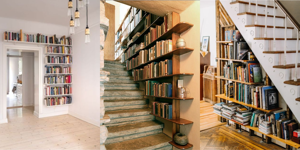 étagères de bibliothèque dans l'escalier